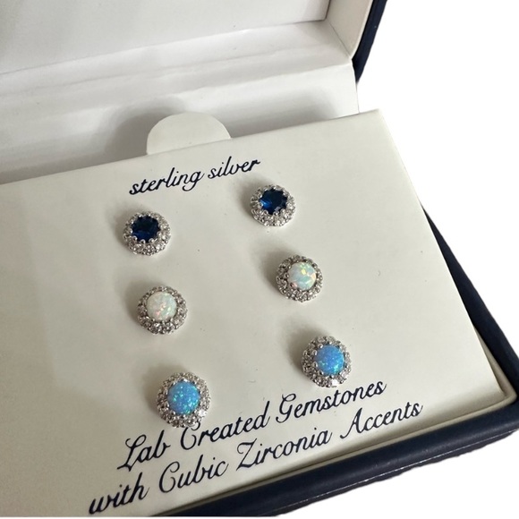 STERLING SILVER GEMSTONES CUBIC ZIRCONIA SET OF 3 PAIRS EARRINGS NWT $100 SET - Picture 5 of 8
